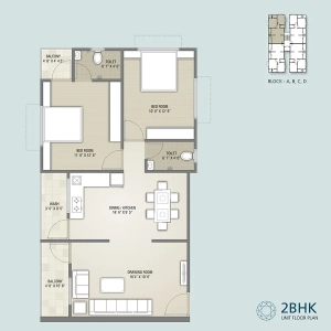 2 BHK Unit Floor Plan for Blocks A, B, C, and D at Solitaire