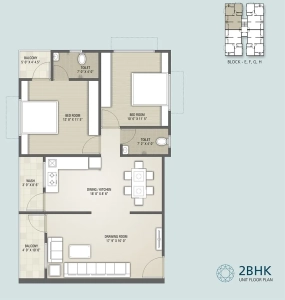 2 BHK Unit Floor Plan for Blocks E, F, G, and H at Solitaire