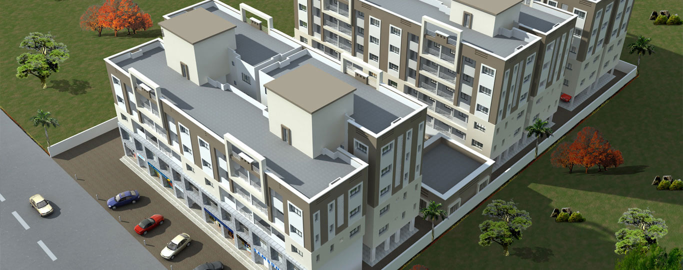 Front facade view of Shantiniketan 2 residential towers in Surat