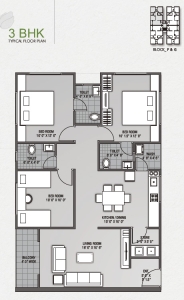3 BHK flat floor plan layout design for Shantiniketan Flora